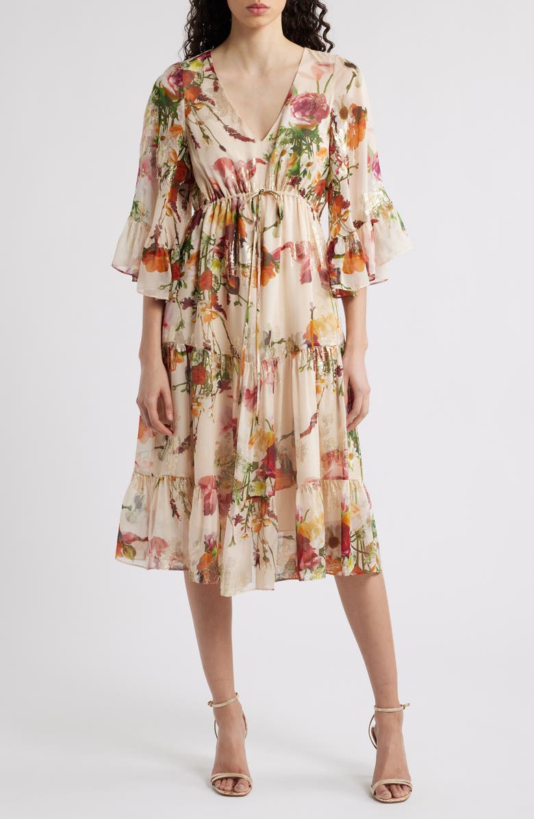 KOBI HALPERIN Limone Metallic Floral Tiered Silk Blend Midi Dress, Main, color, 