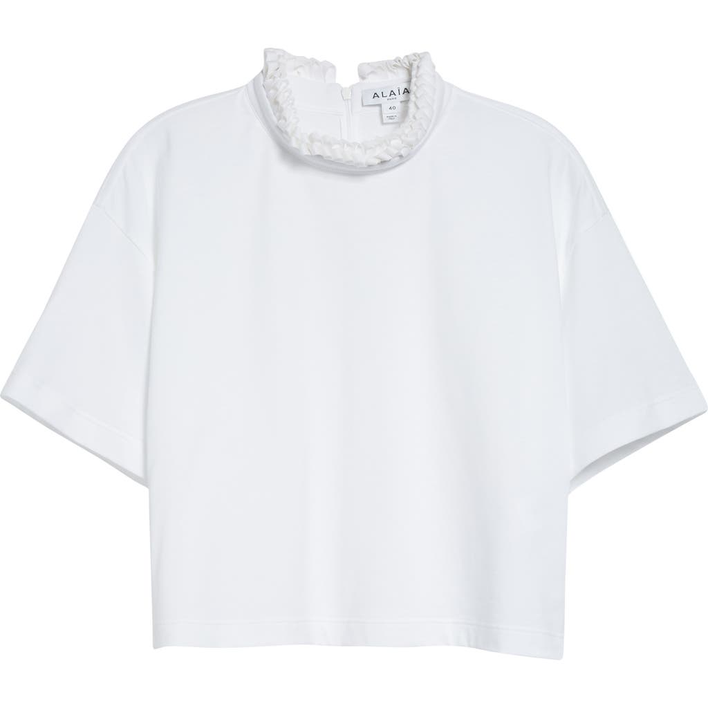 Alaïa Cropped Ruffled Cotton-jersey Turtleneck T-shirt In White