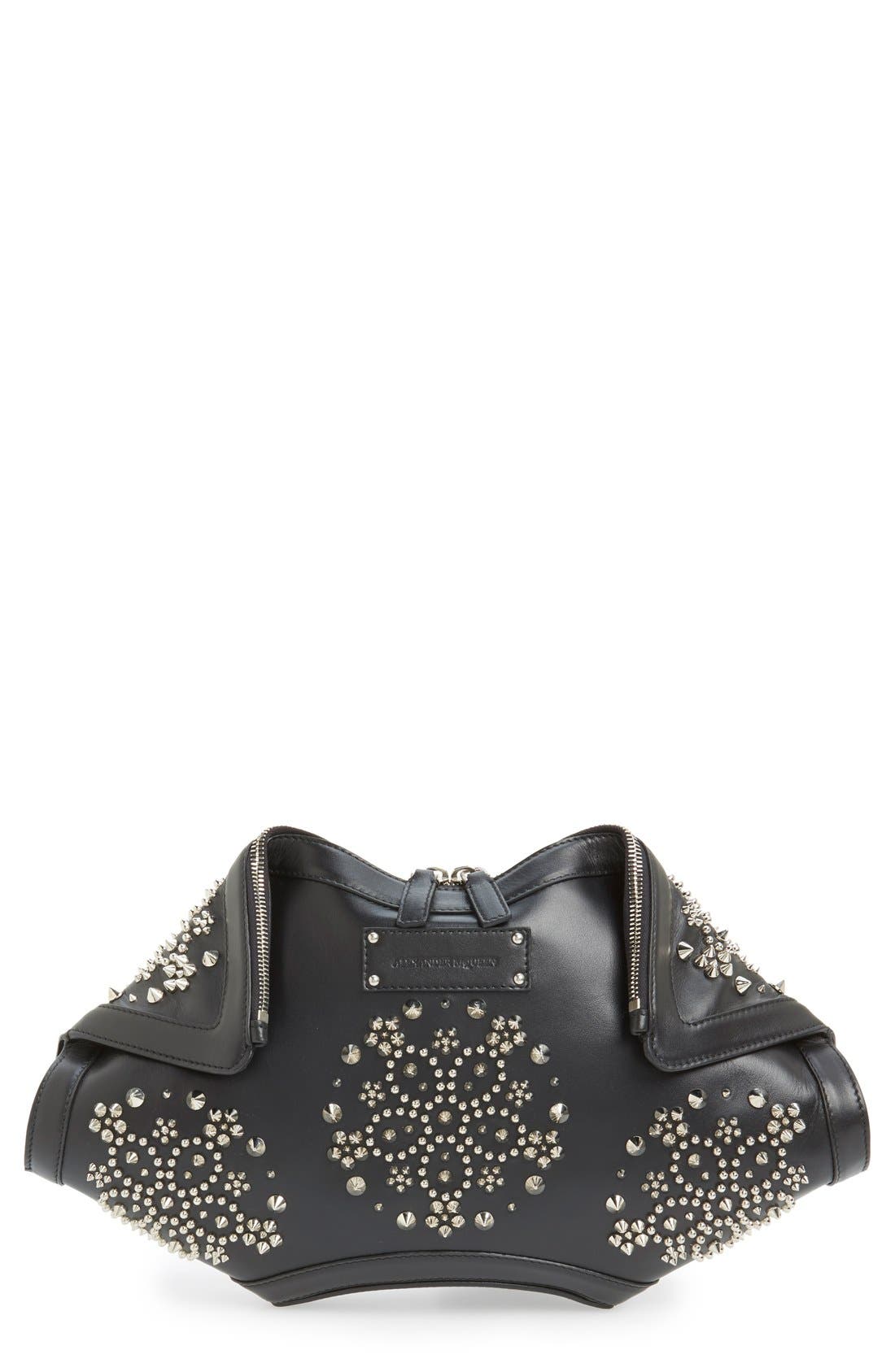 Alexander McQueen 'De Manta - Flower Studs' Calfskin Leather Clutch, Main, color, BLACK