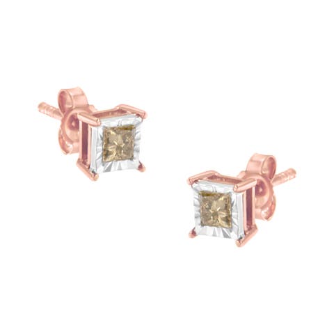 14K Rose Gold Plated 1/2 Ct Princess Diamond Solitaire Stud Earrings
