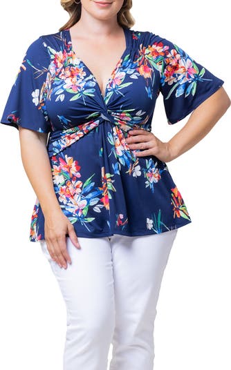 売れ筋商品|||キヨナ カットソー トップス レディース Plus Size Abby Twist Front Top French blue garden Plus Size Abby Twist Front Top - Kiyonna