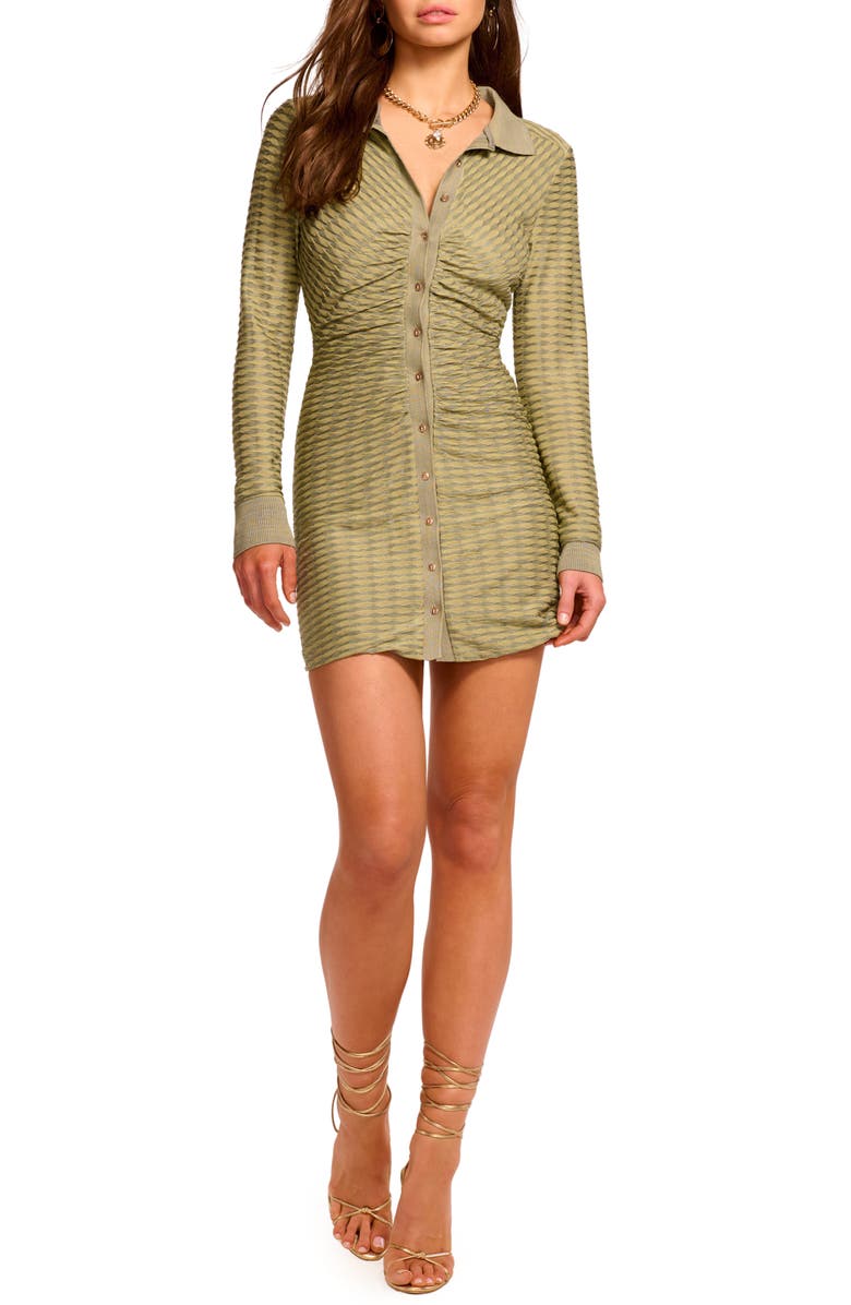 Ramy Brook Ivette Metallic Stripe Long Sleeve Mini Shirtdress, Main, color, Olive Green Scallop