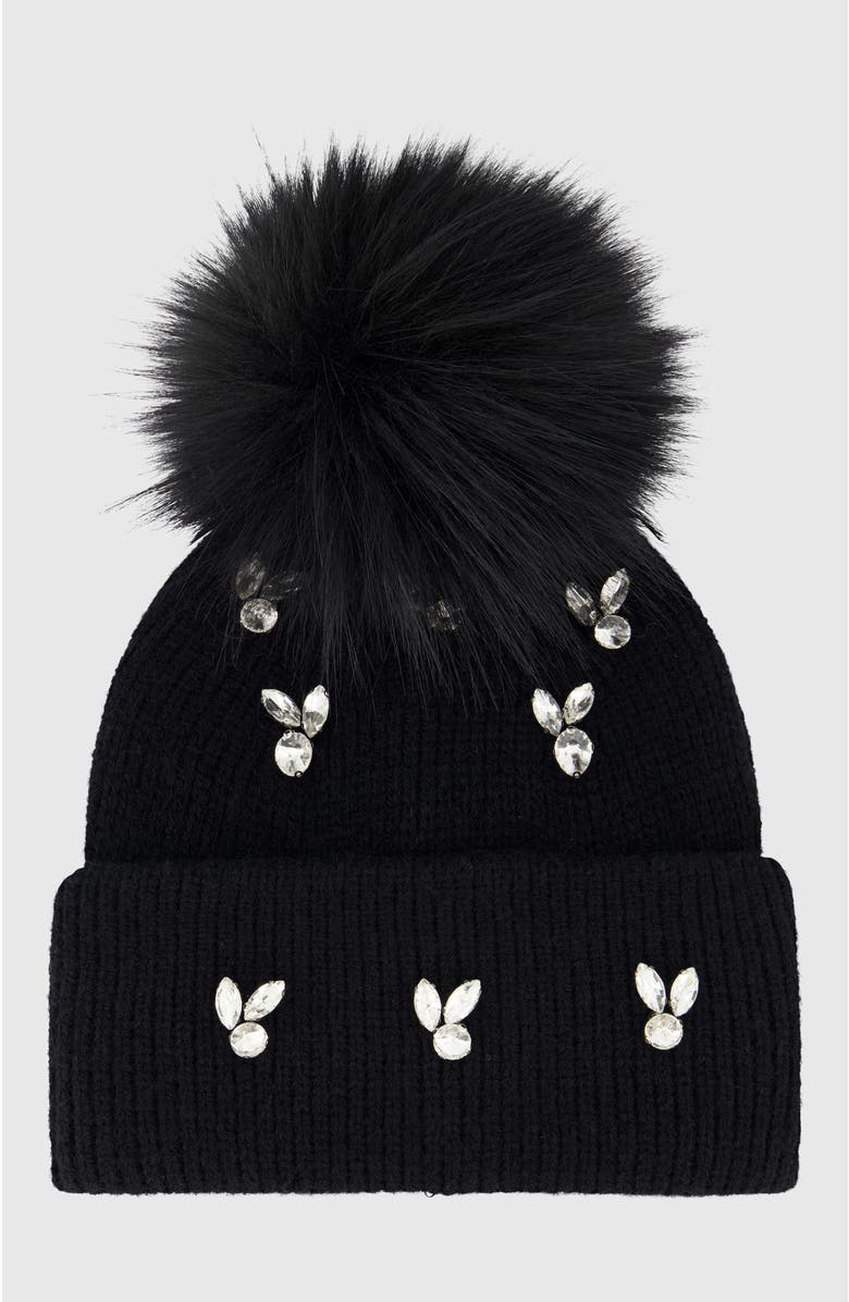 Lyla Grant Knit Hat With Fur-Free Fox (Faux Fur) Pompom, Alternate, color, Black/Black