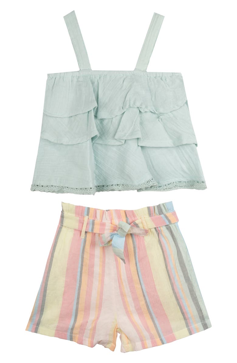 Rare Editions Kids' Tiered Ruffled Top & Yarn Dye Stripe Shorts, Main, color,