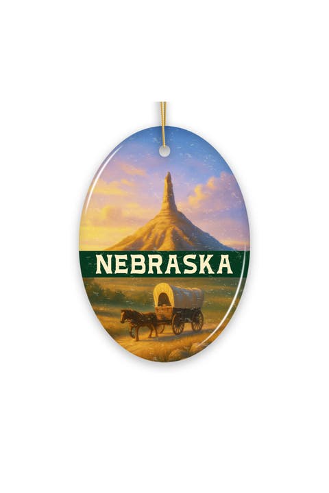 Chimney Rock Covered Wagon Oval Ceramic Ornament
