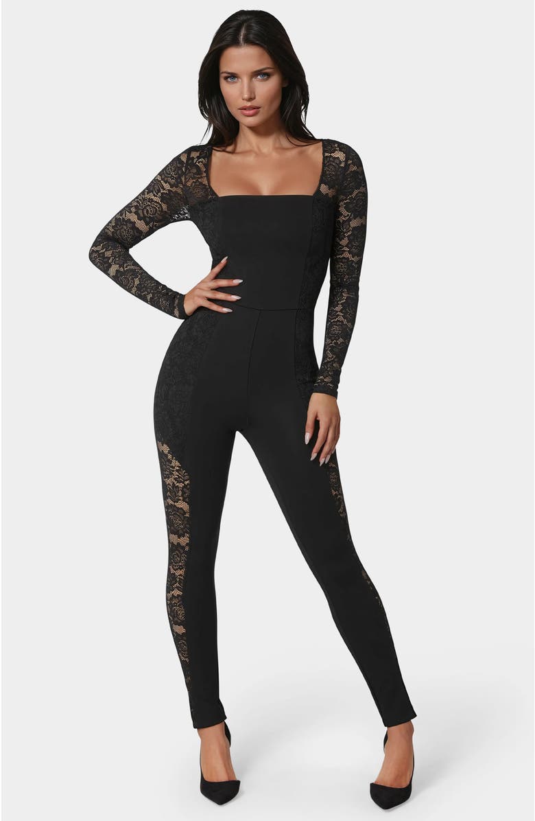bebe Lace Combo Cat Suit, Main, color, Black