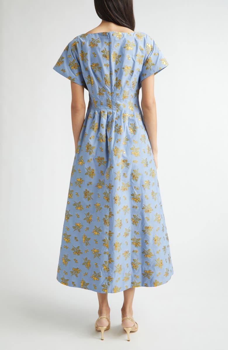 Lela Rose Metallic Floral Cotton Blend Jacquard Midi Dress, Alternate, color, Bluebell