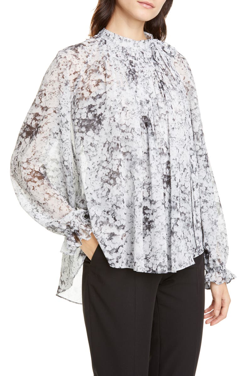 Adam Lippes Pintuck Bow Neck Floral Print Chiffon Blouse, Alternate, color,