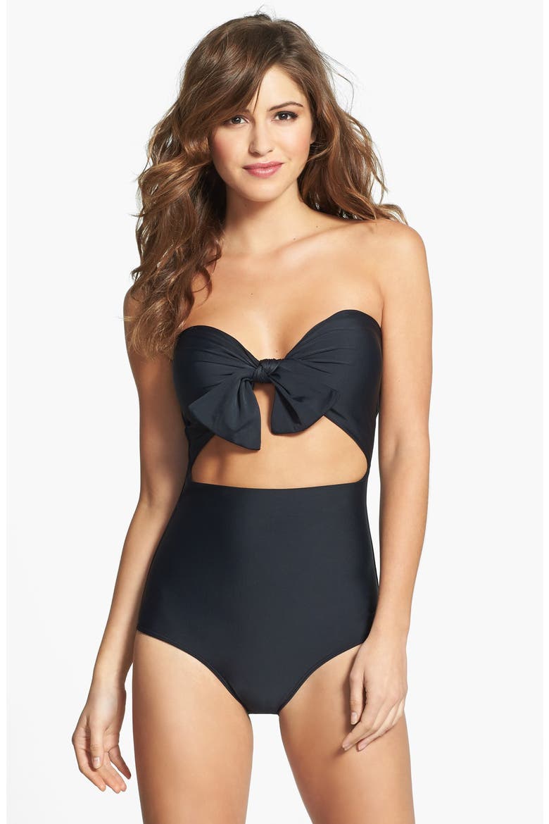 'Ta-Da' Tie Front One-Piece Swimsuit, Main, color, BLACK