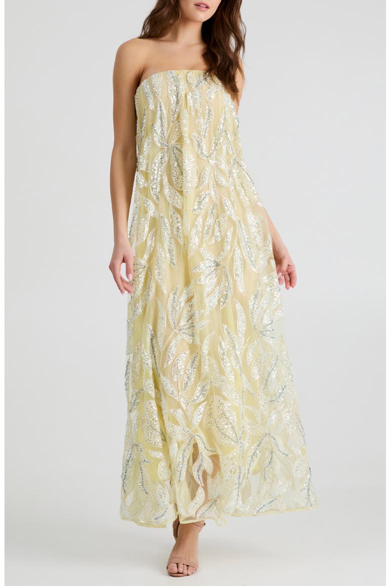 Margot Bead & Appliqué Strapless Mesh Gown, Main, color, SOFT YELLOW/ SILVER