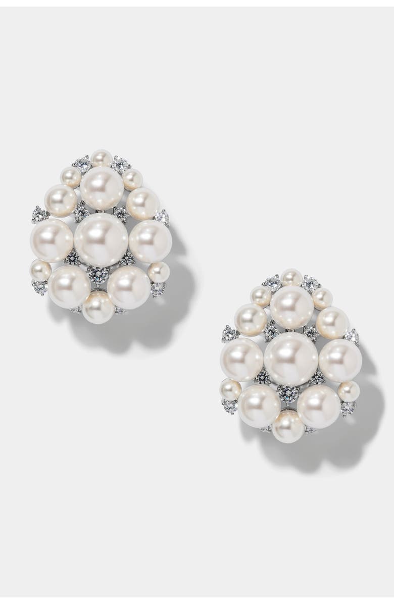 Nadri Ingrid Pearl And CZ Cluster Shield Earrings, Main, color, Rhodium