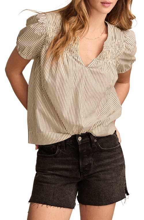 Lucky Brand Stripe Smocked Yoke Cotton Top In Beige/black Stripe