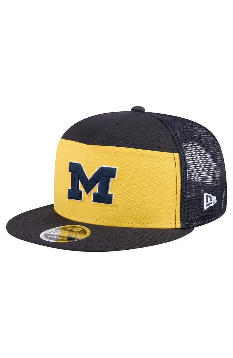 New Era Men's New Era Black/Maize Michigan Wolverines Outdoor Wide Panel 9FIFTY Snapback Trucker Hat, Main, color, 