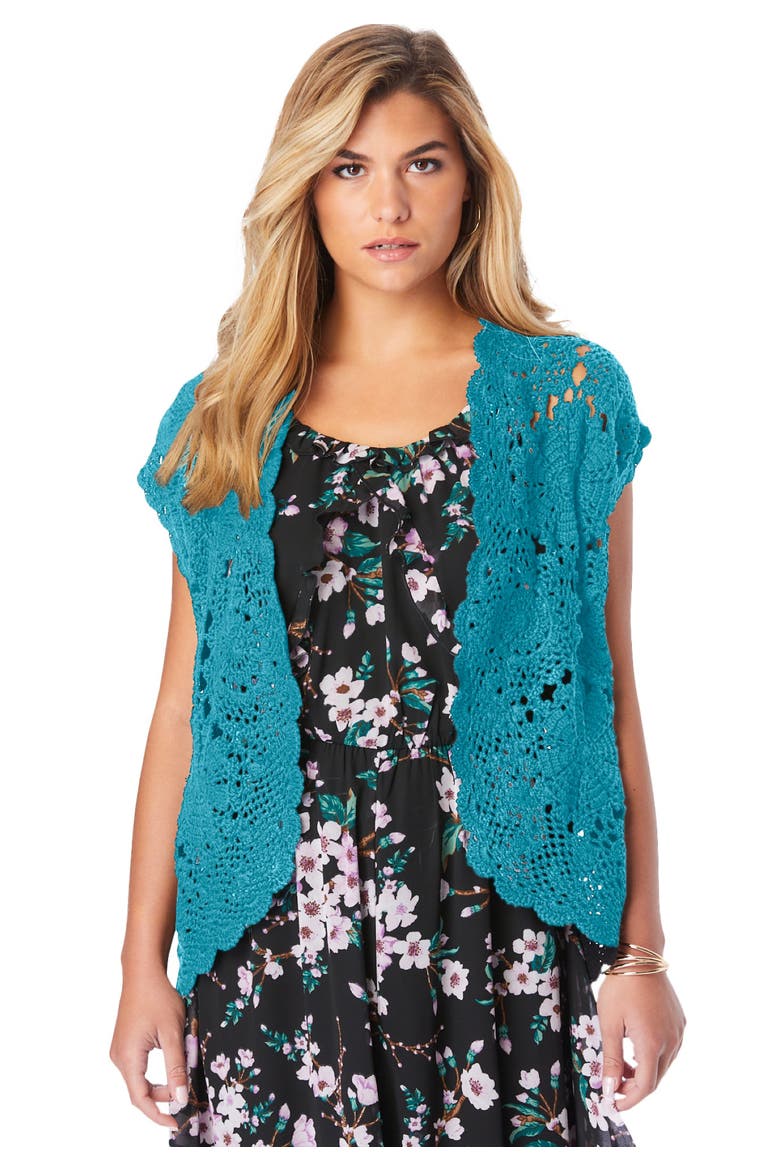 Plus Size Scallop Trim Crochet Cardigan Sweater, Main, color, DEEP TURQUOISE