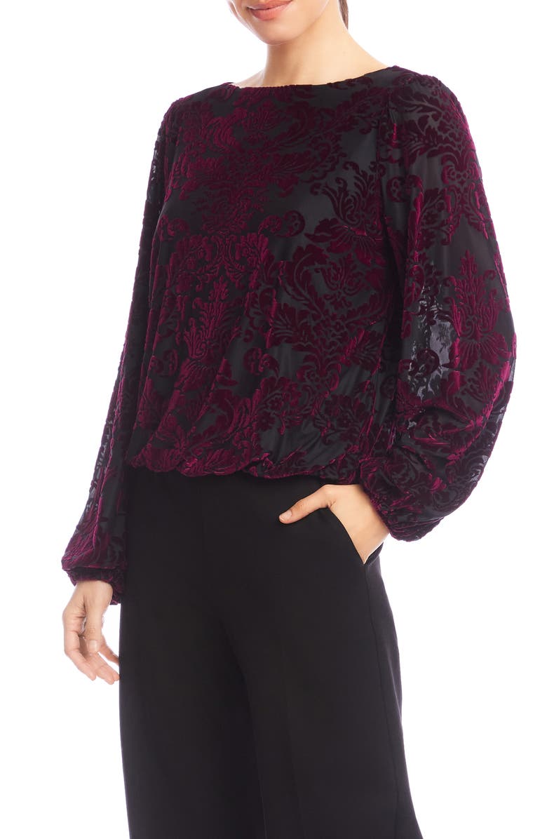 Karen Kane Floral Velvet Burnout Top, Alternate, color, Wine