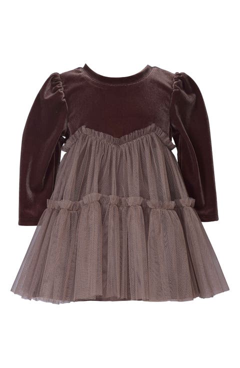 Kids' Long Sleeve Velvet & Tulle Party Dress (Toddler & Little Kid)