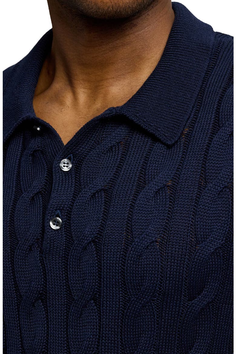 Cable Stitch Long Sleeve Cotton & Mulberry Silk Polo Sweater, Alternate, color, CLASSIC CHAIRMAN NAVY