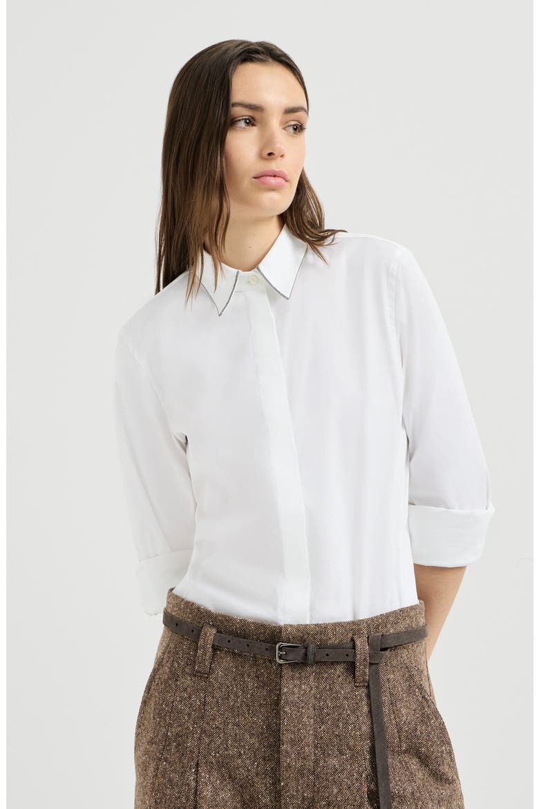 Stretch cotton poplin shirt with shiny collar, Main, color, White