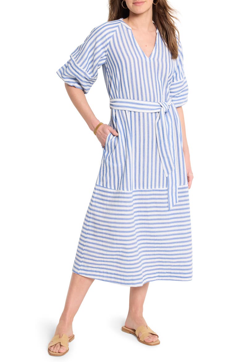 Mixed Stripe Belted Double Gauze Midi Dress, Main, color, BLUE MULTI
