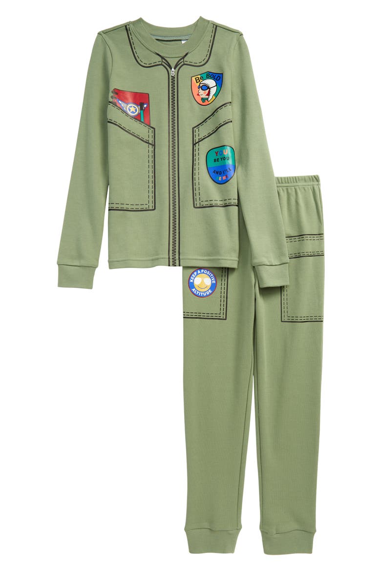 x Smithsonian Kids' Glow in the Dark Two-Piece Fitted Pajamas, Main, color, GREEN HEDGE FLIGHT SUIT