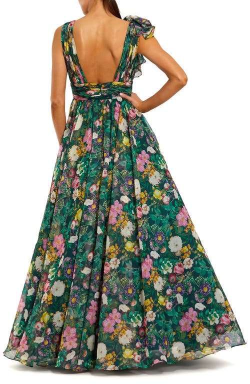 Mac Duggal Floral Print Ballgown With Ruffle Shoulder And Plunging V-neck In Green