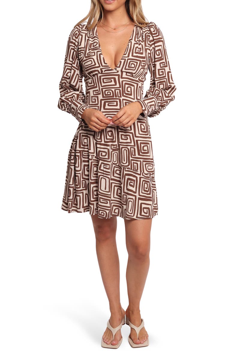Petal & Pup Sheridan Long Sleeve Minidress, Main, color, Chocolate Brown Print