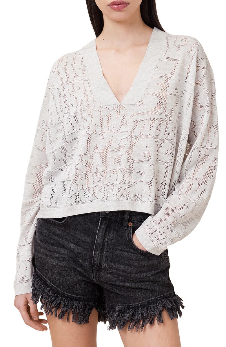 AllSaints Kaito Open Stitch Sheer Mesh V-Neck Sweater, Main, color,