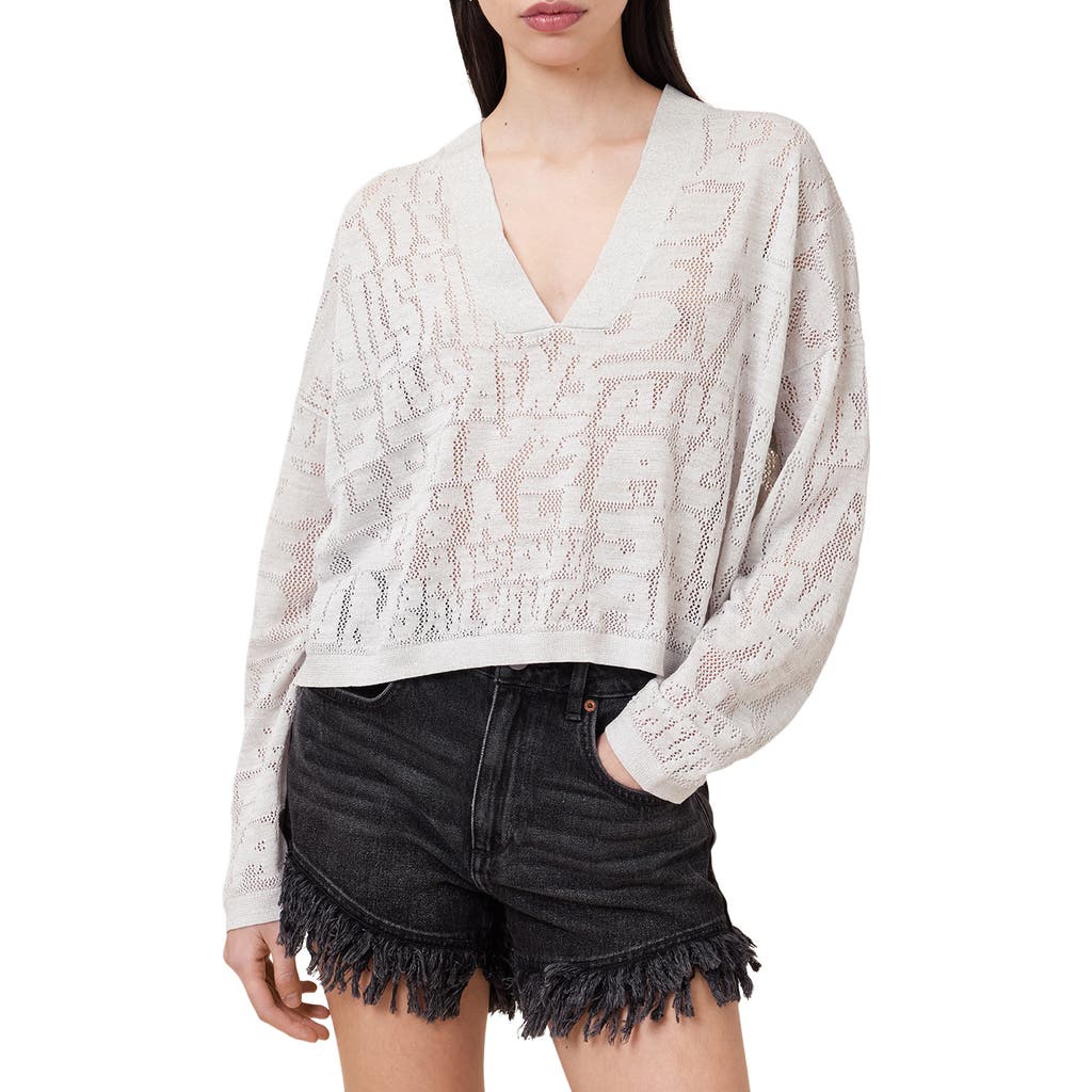 Shop Allsaints Kaito Open Stitch Sheer Mesh V-neck Sweater In Chalk White