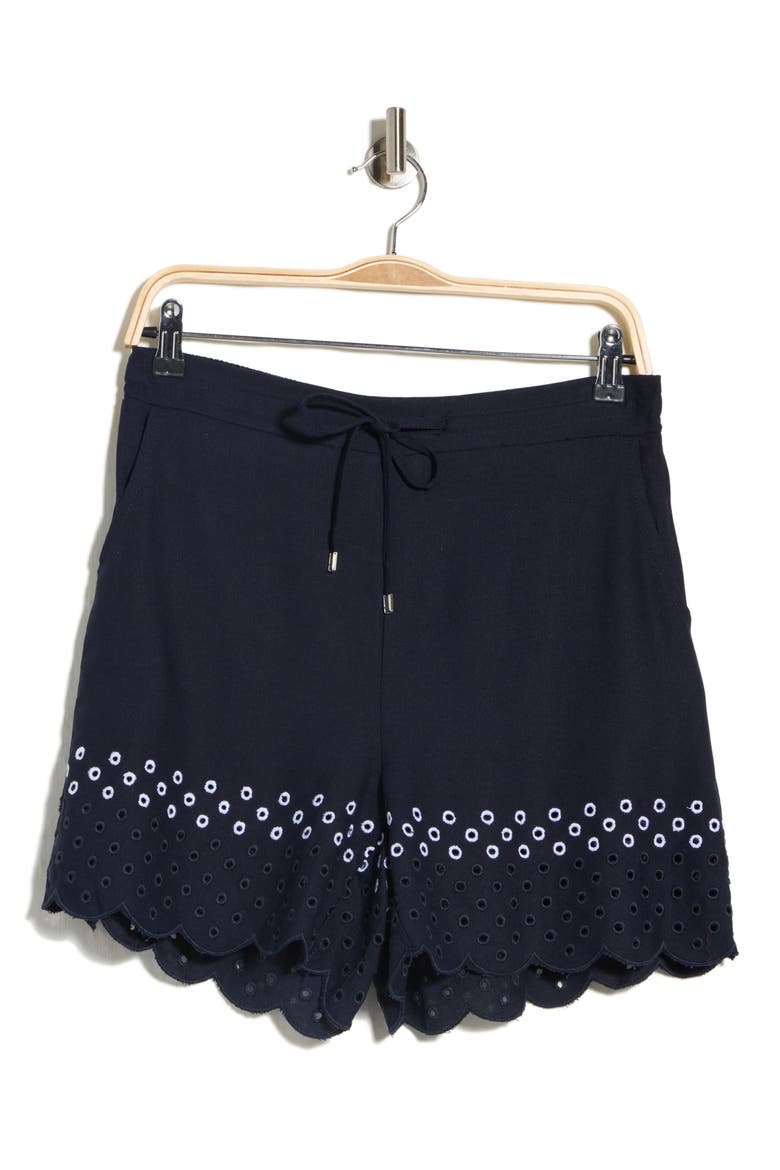 Scalloped Eyelet Drawstring Shorts, Alternate, color, NAVY