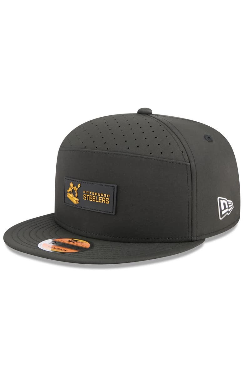 New Era Men's New Era Black Pittsburgh Steelers 2025 Sideline Throwback Split Panel 9FIFTY Snapback Hat, Main, color, 