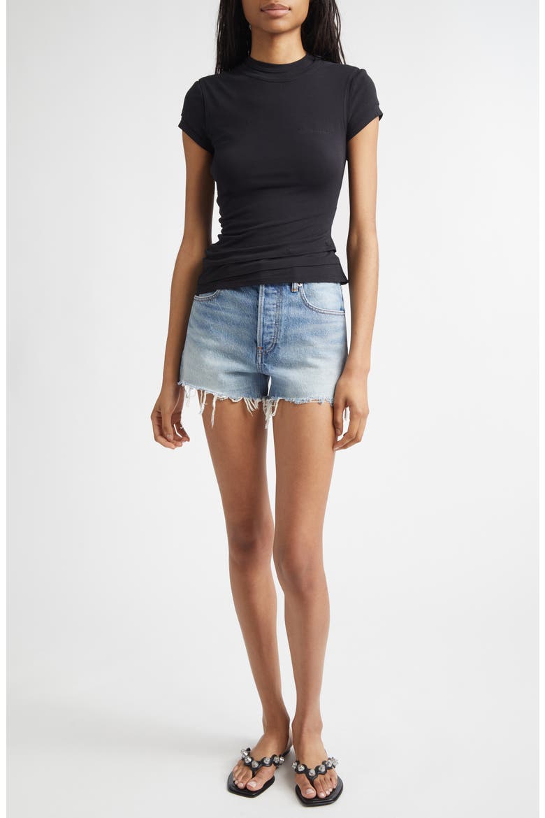 Distressed Logo High Waist Denim Bite Shorts, Alternate, color, AUTHENTIC LIGHT INDIGO