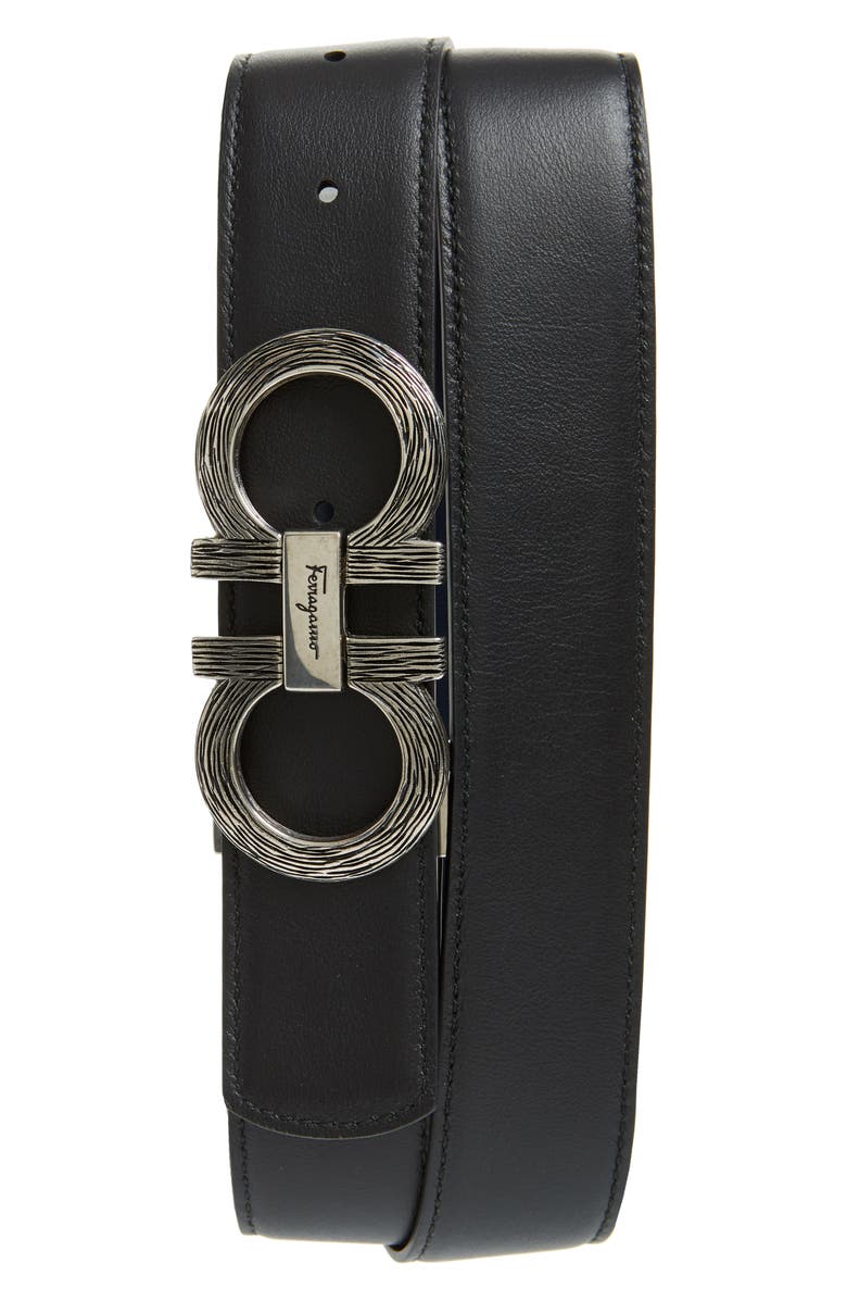 FERRAGAMO Salvatore Ferragamo Etched Double Gancio Reversible Leather Belt, Alternate, color, Blue Marine/ Black