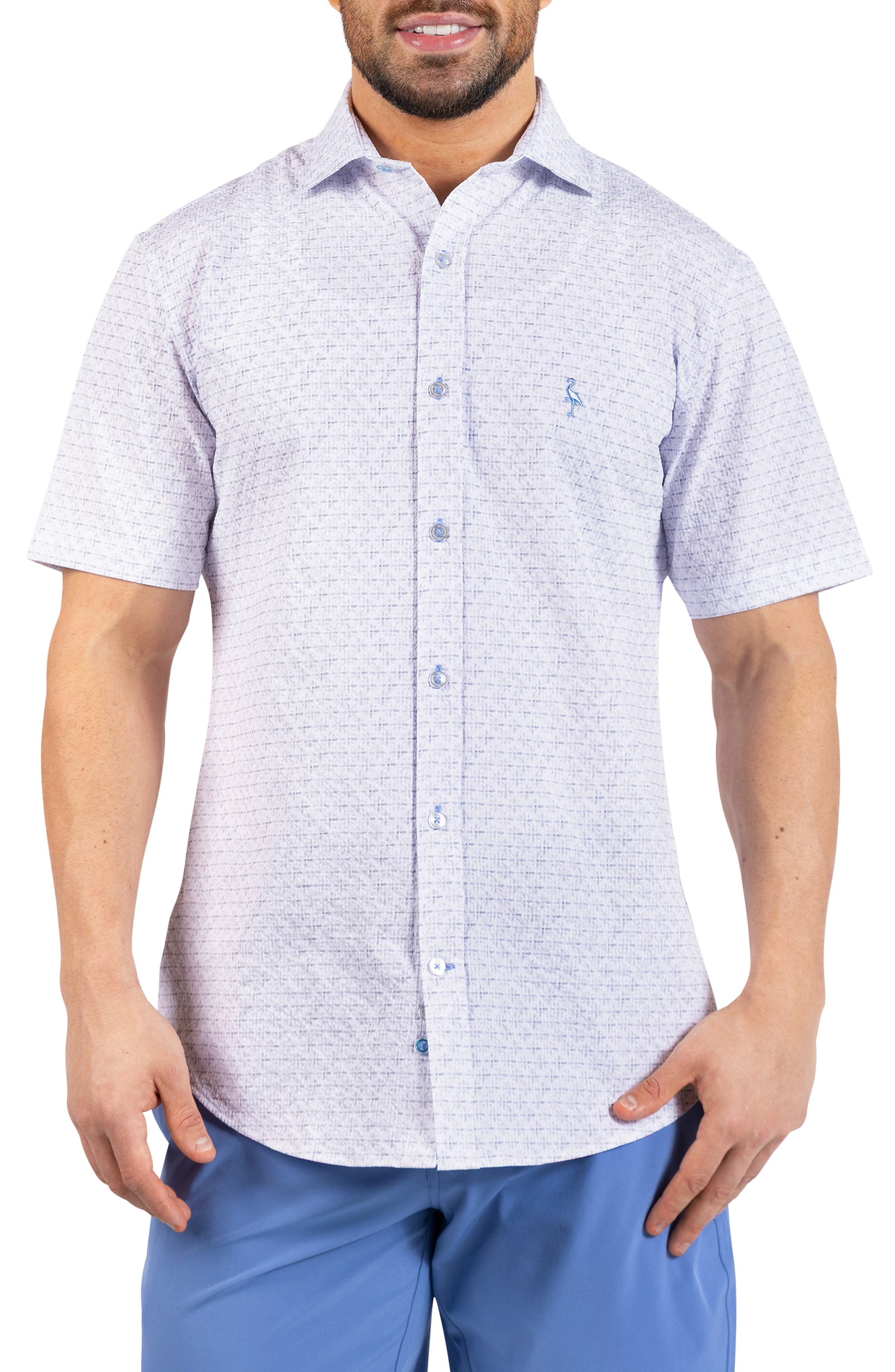 TailorByrd Geometric Floral Print Seersucker Short Sleeve Button-Up Shirt