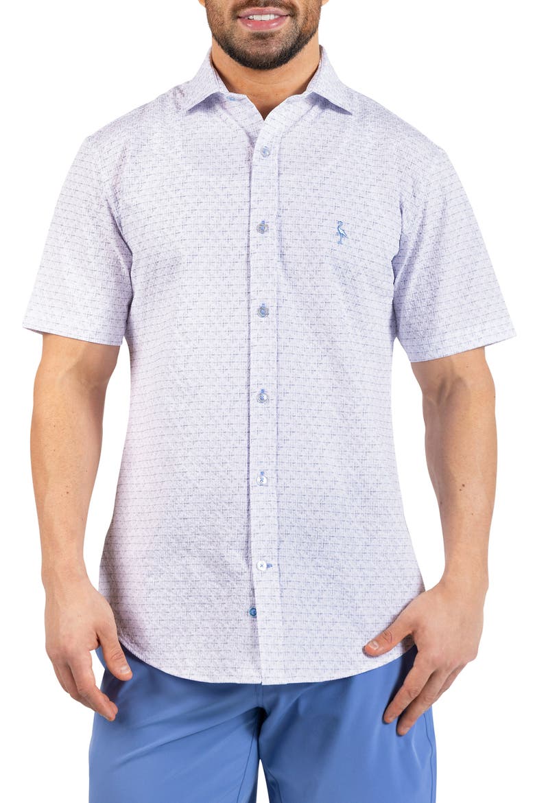 Geometric Floral Print Seersucker Short Sleeve Button-Up Shirt, Main, color, WHITE
