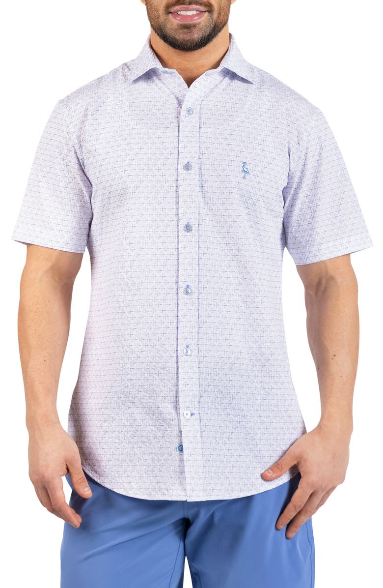 TailorByrd Geometric Floral Print Seersucker Short Sleeve Button-Up Shirt, Main, color, White