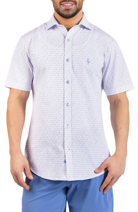 Geometric Floral Print Seersucker Short Sleeve Button-Up Shirt