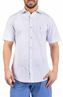 TailorByrd Geometric Floral Print Seersucker Short Sleeve Button-Up Shirt
