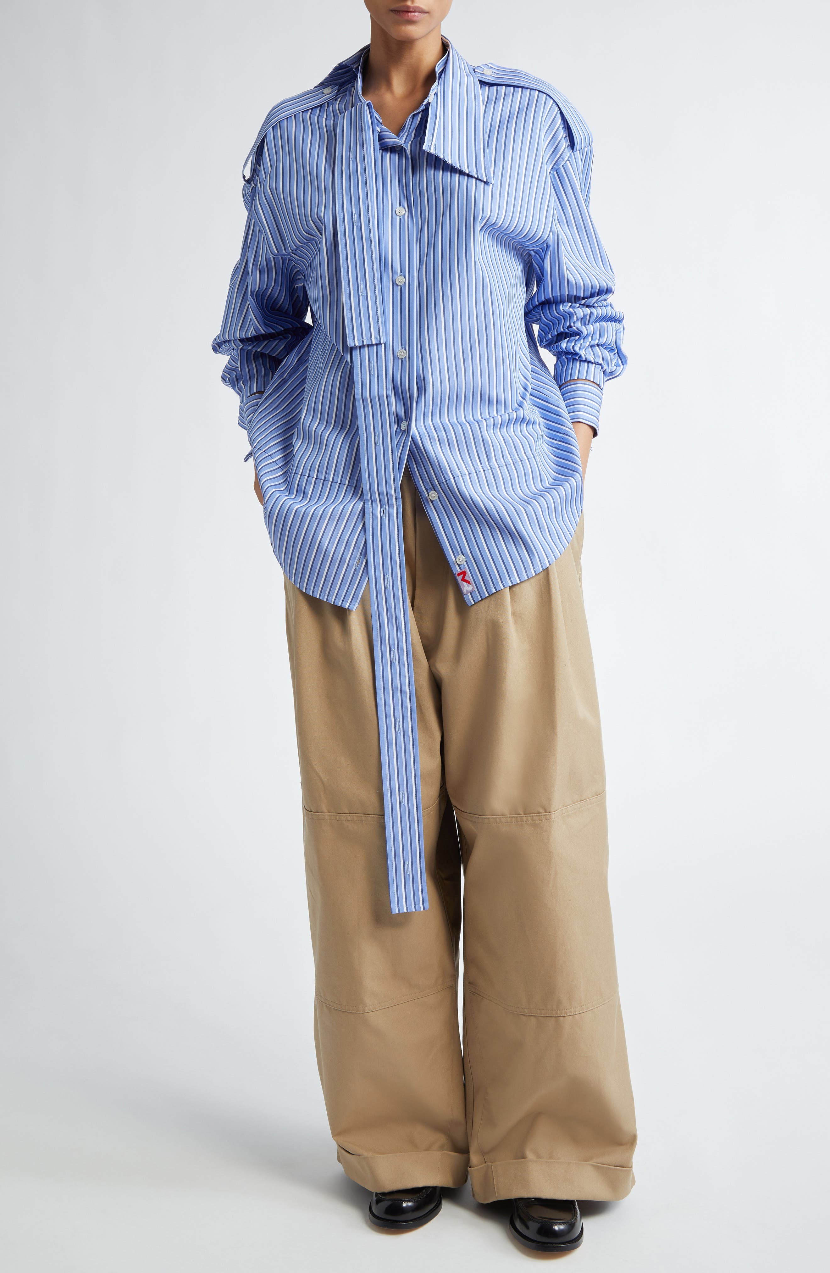 Deconstructed Stripe Asymmetric Cotton Button-Up Shirt (Women