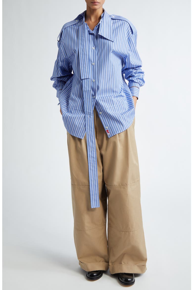 Meryll Rogge デコンストラクト フード付きシャツ　ストライプ　S Deconstructed Stripe Asymmetric Cotton Button-Up Shirt (Women