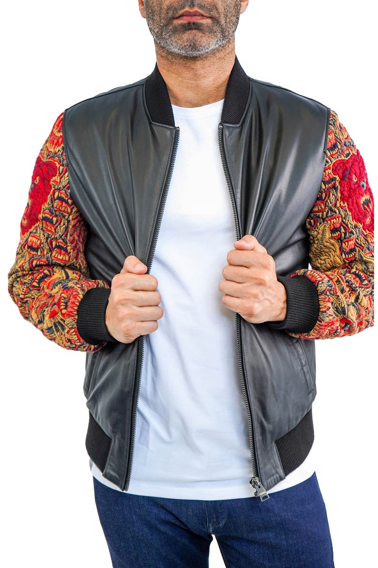 Dragon Sleeve Leather Bomber Jacket, Alternate, color, BLACK