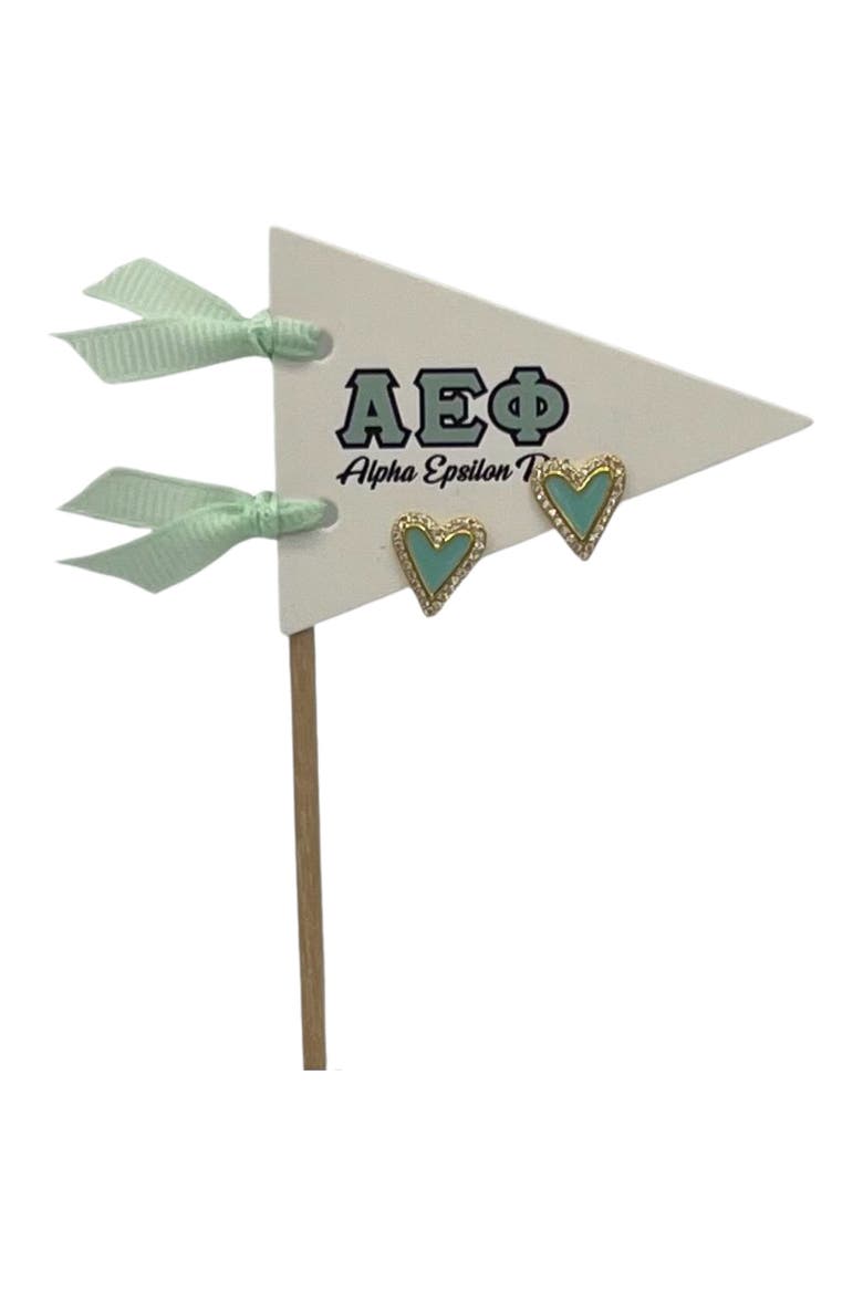 Alpha Epsilon Phi Heart Stud Enamel Earrings on Sorority Pennant Flag, Main, color, Yellow Gold