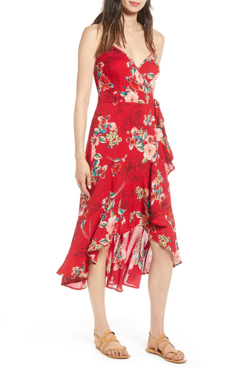 Delphine Wrap High/Low Dress, Main, color, RED/ PEACH