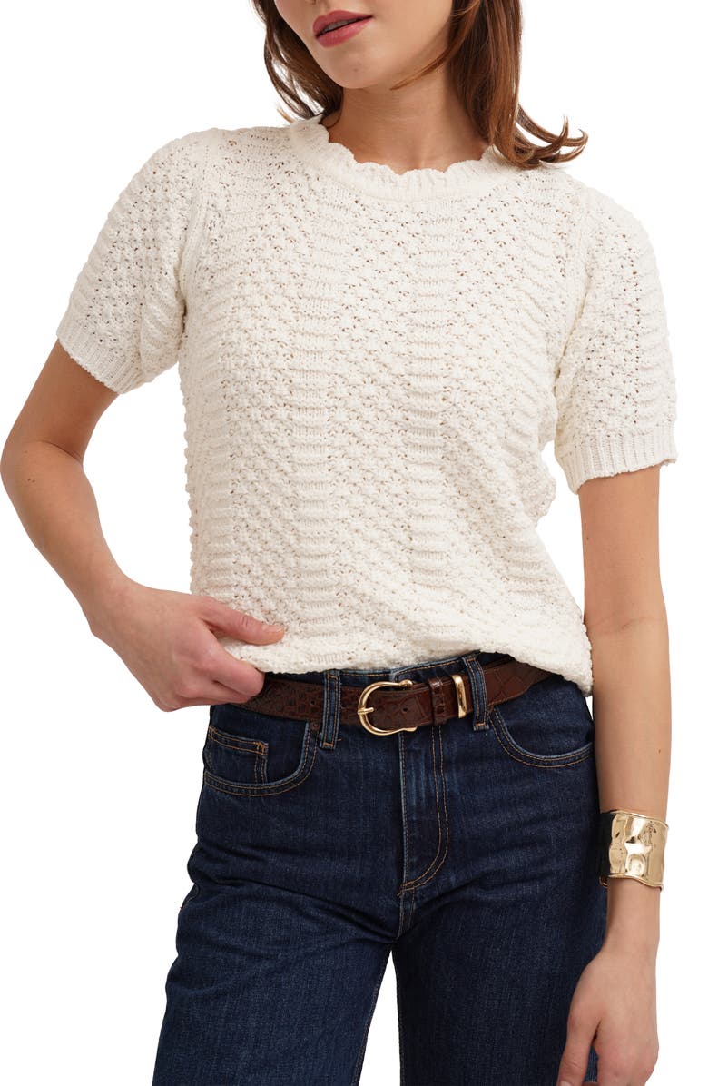 CYRUS Short Sleeve Textured Crewneck Sweater, Alternate, color, Cream