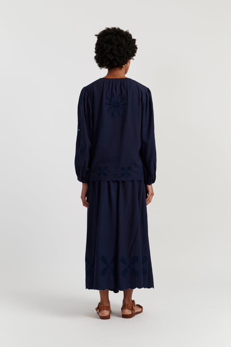 Linen-Blend Broderie Blouse, Alternate, color, Blue