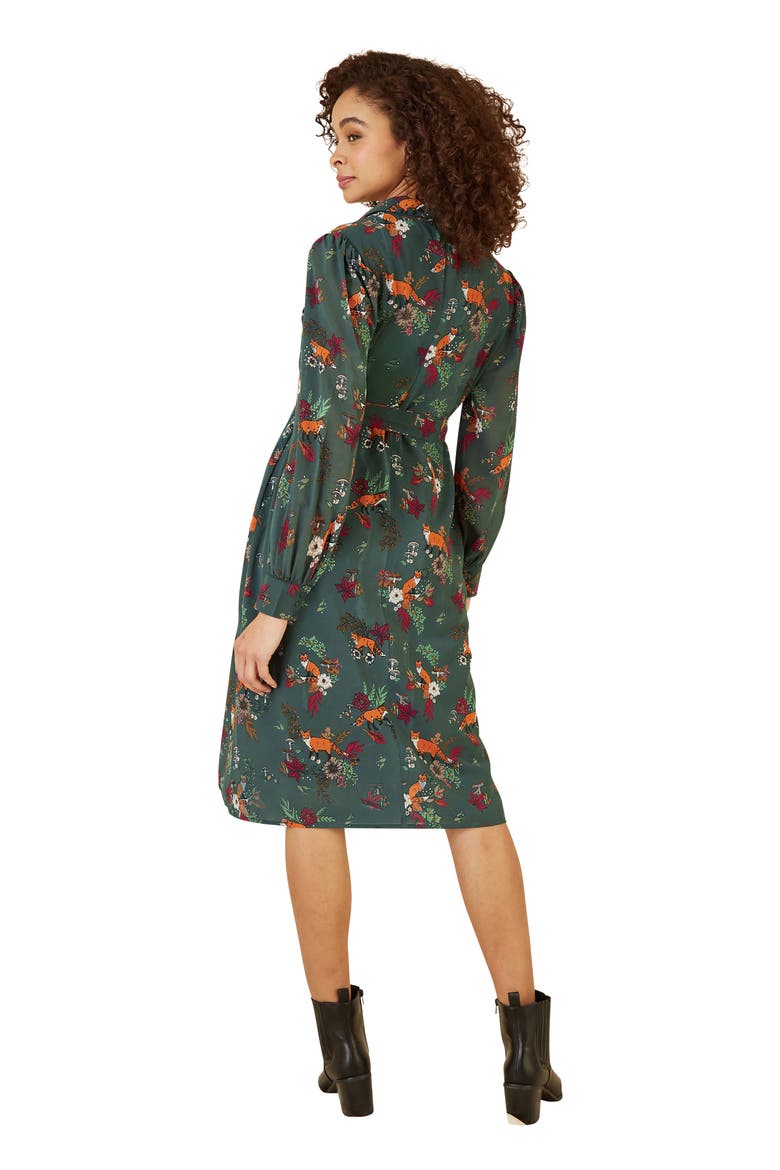 Fox Print Shirt Midi Dress, Alternate, color, Green