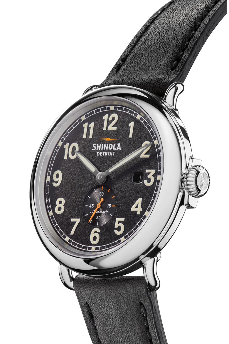 Runwell Automatic Leather Strap Watch, 45mm, Alternate, color, BLACK