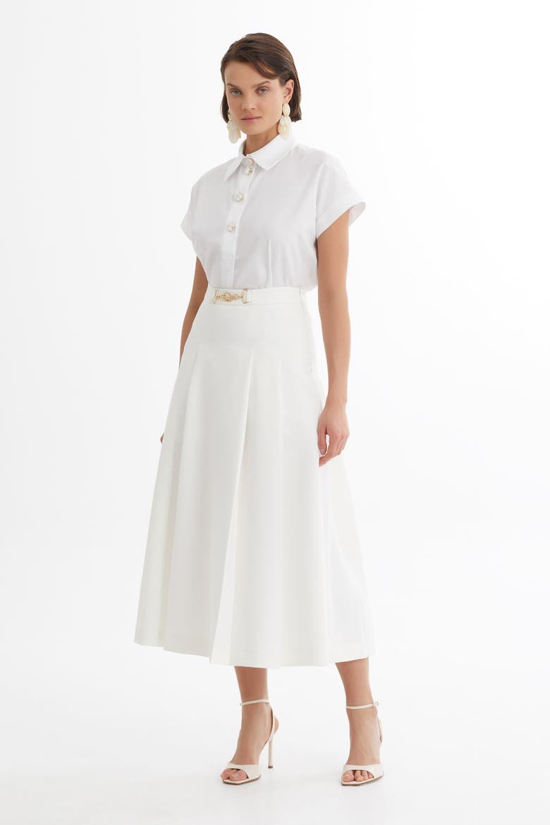 Ecru Pleated Skirt with Chain Accessory, Alternate, color, Ivory