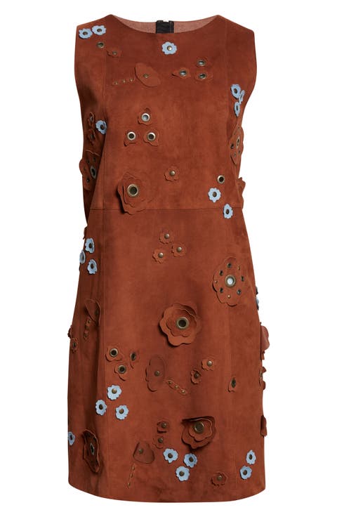 Floral Appliqué Suede Shift Dress