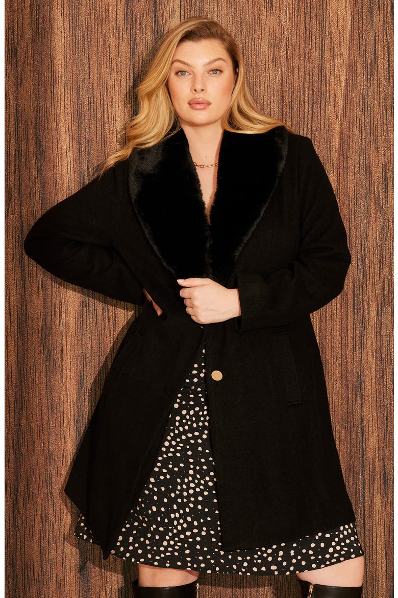 Albany Faux Fur Collar Coat, Alternate, color, BLACK