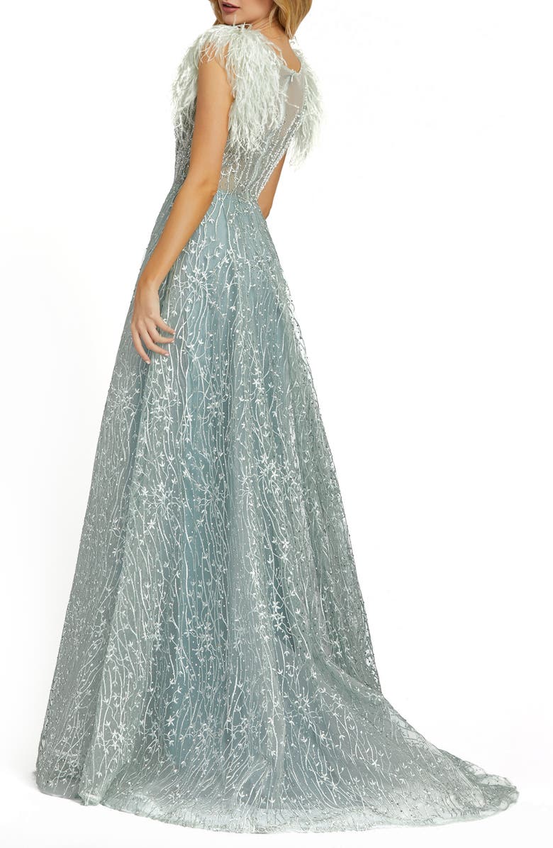Mac Duggal Crystal Lace Feather Sleeve A-Line Gown, Alternate, color, 